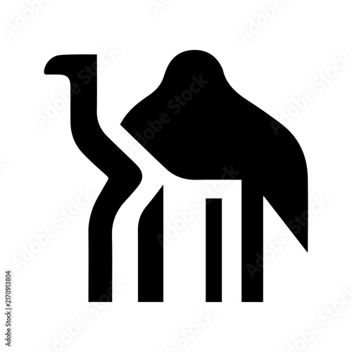 Minimalist black silhouette icon of a camel isolated on a white background.