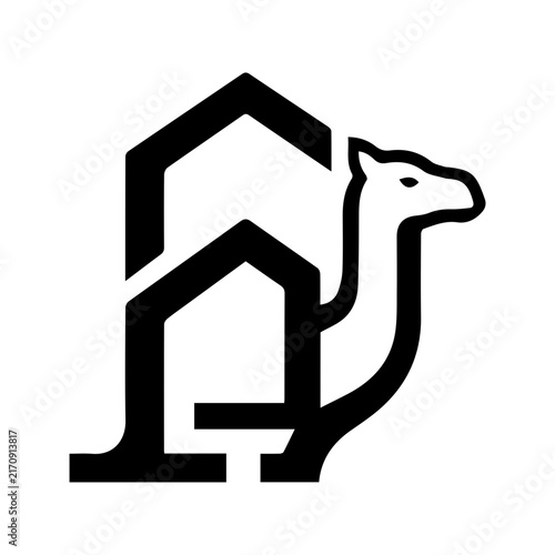 Minimalist vector logo design featuring a stylized camel integrated with architectural building shapes.