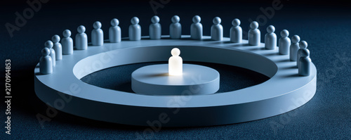 Leader figure glowing in center surrounded by group of people icons on circular platform symbolizing influence and leadership
