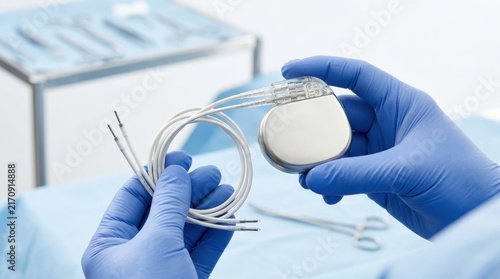 Medical professional holding a modern cardiac pacemaker with leads in a sterile operating room environment