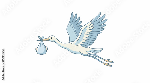Illustration of a flying stork carrying a bundle on white background