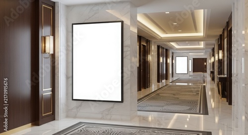 Luxurious hotel or office building hallway with a blank vertical billboard on a marble wall and elegant decor.