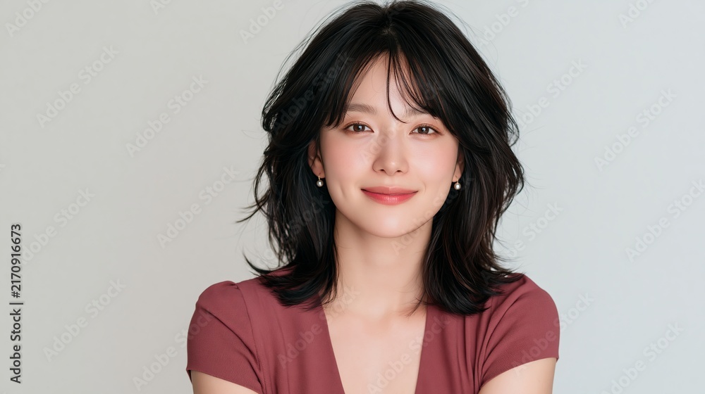 Fototapeta premium Portrait of a smiling woman with dark wavy hair wearing a maroon top against a plain light gray background in a studio setting.