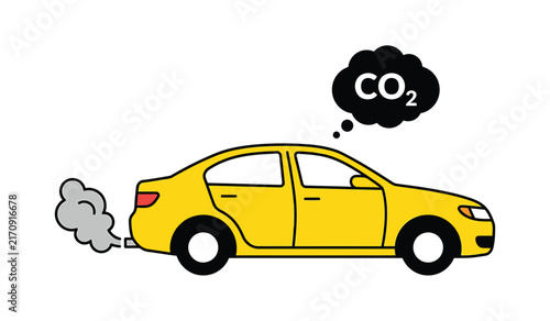 Bild auf Leinwand Car carbon dioxide emission vector illustration with yellow sedan, CO2 cloud and exhaust smoke
