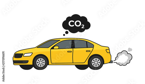 Foto Car carbon dioxide emission vector illustration with yellow sedan, CO2 cloud and exhaust smoke
