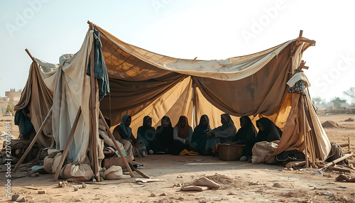 Group of women refugees or nomads gathered inside a makeshift tent.