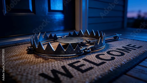 Close-up of a loaded steel bear trap on a WELCOME doormat in front of an entrance door. Hypocrisy, passive aggression, hidden danger and malice behind hospitality concept