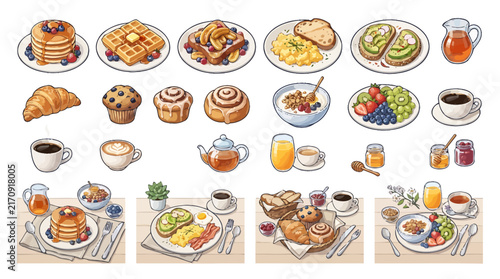 Brunch food vector illustration collection with pastries fruit coffee and breakfast dishes