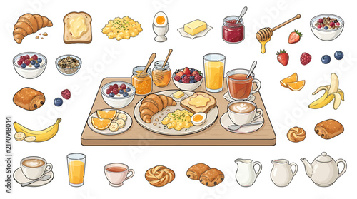 Continental breakfast vector illustration with bread pastries fruit and coffee