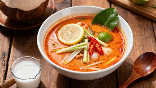 Aromatic Thai tom yum goong soup in a clay pot, featuring large succulent shrimp, lemongrass, kaffir lime leaves, galangal, and chili, with mushrooms and coriander, floating in a tangy-spicy clear bro