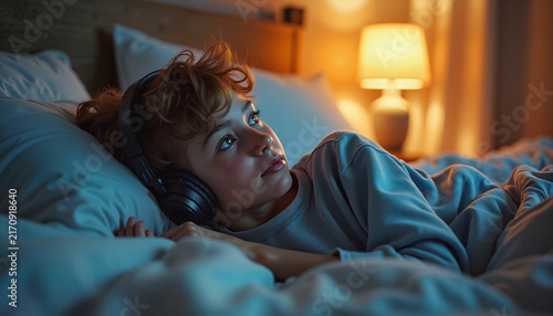 Girl relaxing in bed listening to music at night
