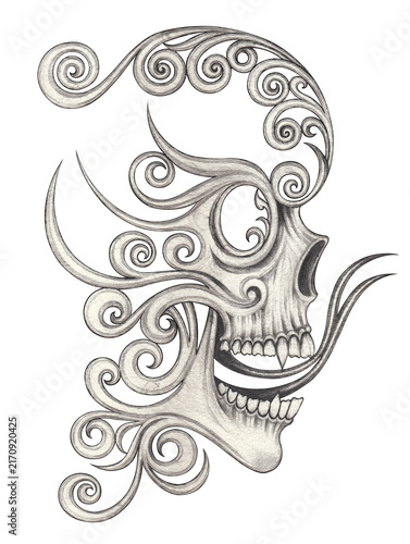 Surreal vintage art skull tattoo design by hand drawn.
