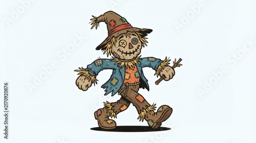 Retro Cartoon Mascot Illustration Walking Scarecrow Character Lopsided Stitched Grin Straw Tufts Sleeves

