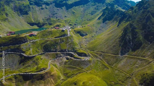 Aerial view of the winding Transfagarasan road in the Fagaras Mountains - Romania. The spectacular serpentine TransFagarasan road seen from above