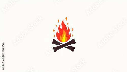 Campfire with flames and logs on white background
