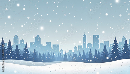 Winter city skyline with snow-covered pine trees
