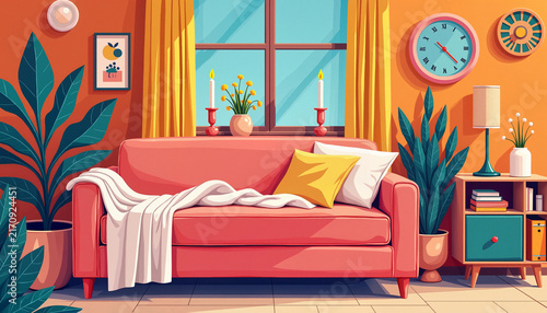 Cozy living room with pink sofa and warm decor
