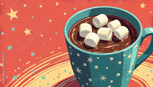 Hot chocolate with marshmallows in festive cup
