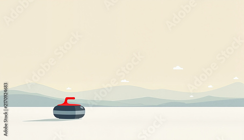 Curling stone on frozen ice against minimalist landscape
