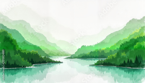 Watercolor landscape of green mountains and tranquil river
