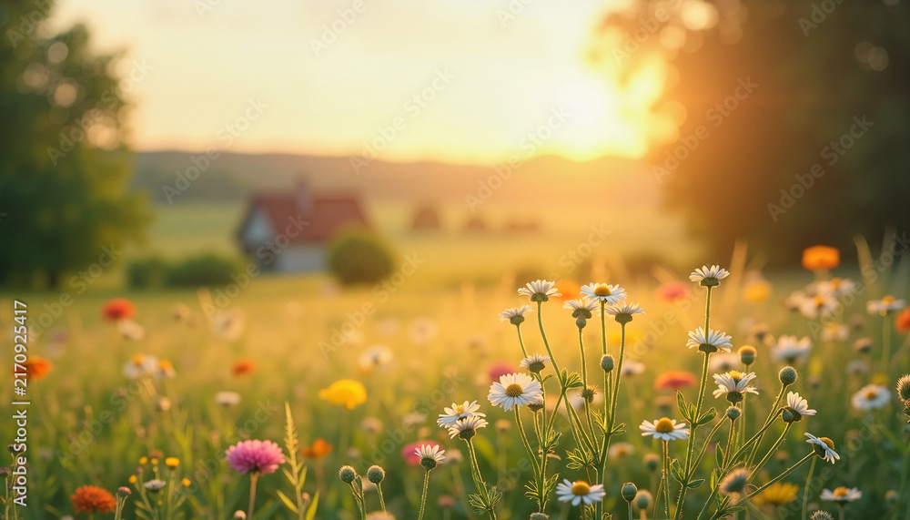 Fototapeta premium Sunset over flower field with blooming daisies and house 
