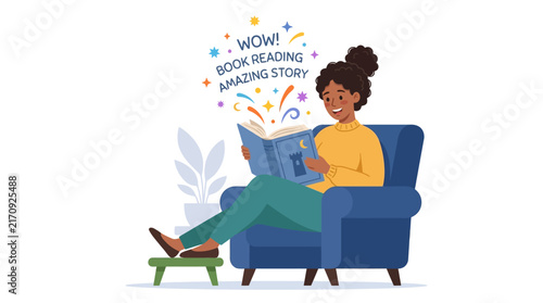 Woman reading a book in a cozy armchair