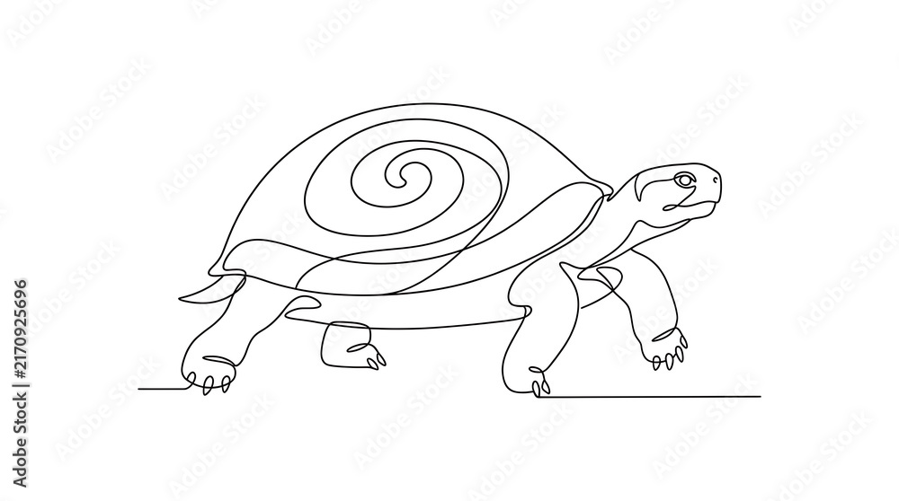 Slow walking turtle featuring a detailed spiral shell pattern in a classic coloring book line art style tortoise coloring background