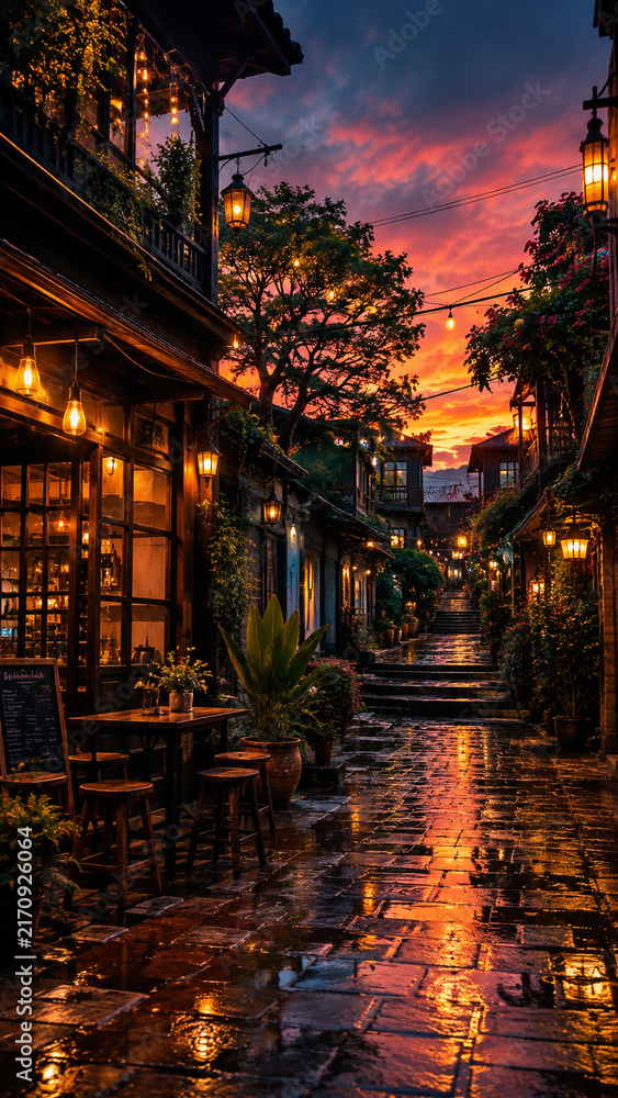Fototapeta premium “Rainy Old Town Alley at Sunset with Warm Lantern Lights and Wet Cobblestones”