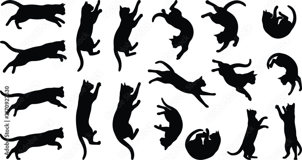 Obraz premium Cat Silhouettes Vector Set Featuring Playing Jumping Pouncing Stretching Climbing and Sleeping Poses