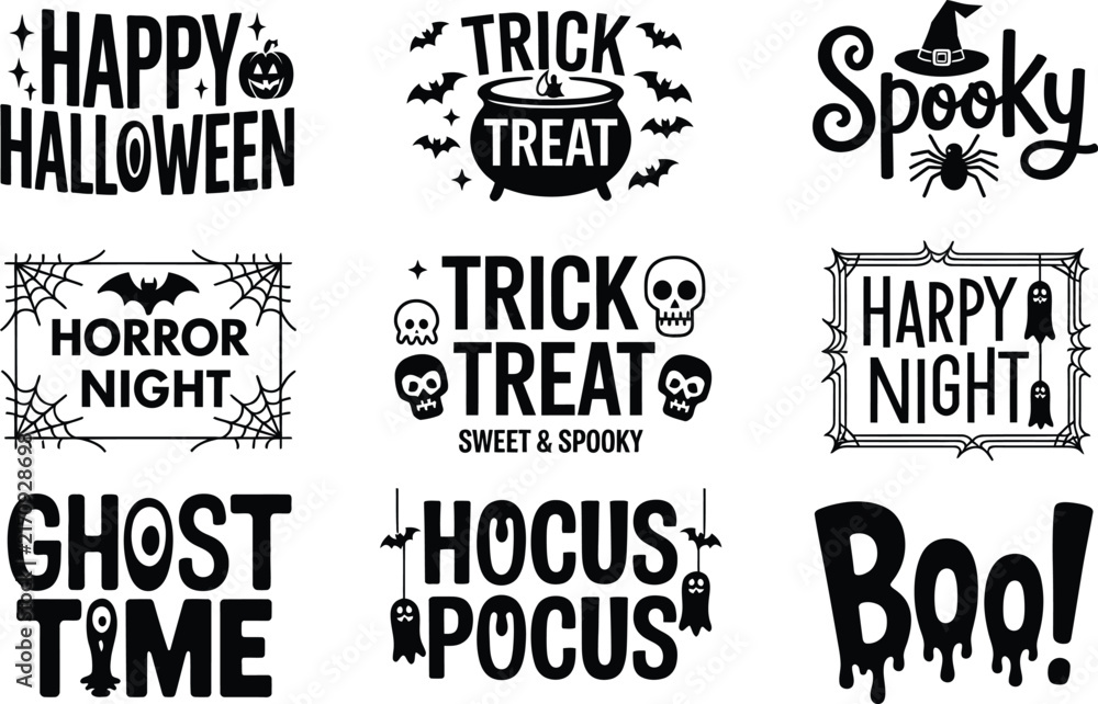 Obraz premium Halloween typography collection with spooky phrases ghosts bats pumpkins spiders and decorative horror elements