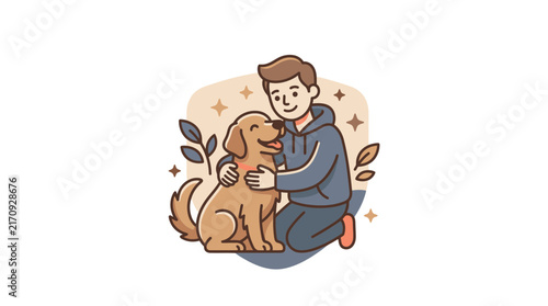 A young man happily hugs his loyal golden dog friend