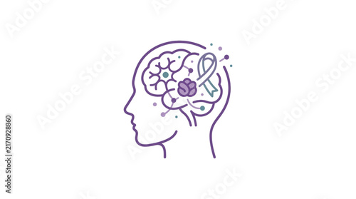 A stylized illustration of a human head with brain awareness symbol