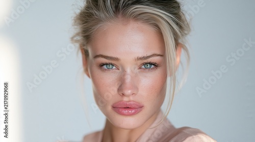 Close up portrait of a blonde woman with blue eyes and soft makeup against a light background