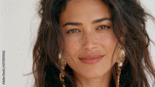 Close up portrait of a smiling woman with dark hair and large gold earrings against a white background.