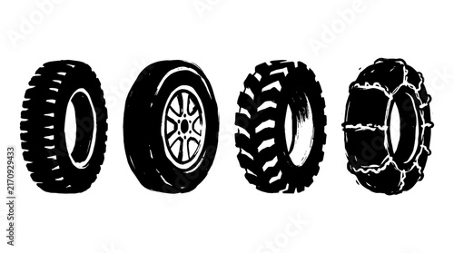 Stylized Tires Featuring Unique Abstract Art Style , rough vintage hand-drawn ink isolated on white background. Vector illustration