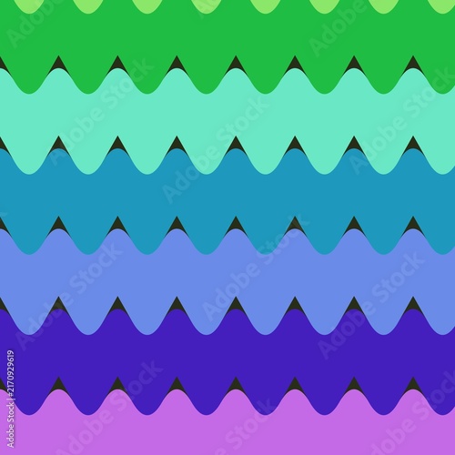 Fotografía A vibrant digital pattern featuring horizontal wavy bands in a gradient of green, teal, blue, indigo, and purple, separated by dark jagged silhouettes