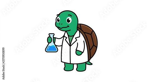 Scientist turtle holding a laboratory flask wearing a white coat