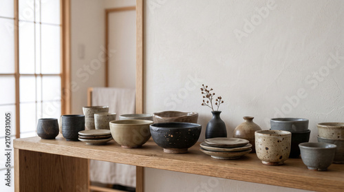 handmade pottery collection on wooden shelf in minimalist interior