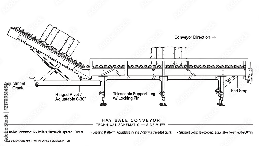 Obraz premium Hay bale conveyor technical drawing white background.
