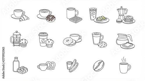 Set of coffee and breakfast icons drawn in a simple line art style