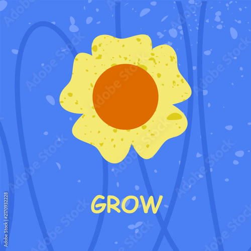 Hand-drawn groovy flower poster with grow text. Retro 70s hippie style floral illustration for t-shirt print, aesthetic wall art, cover design and trendy social media graphics. Flat vector illustratio