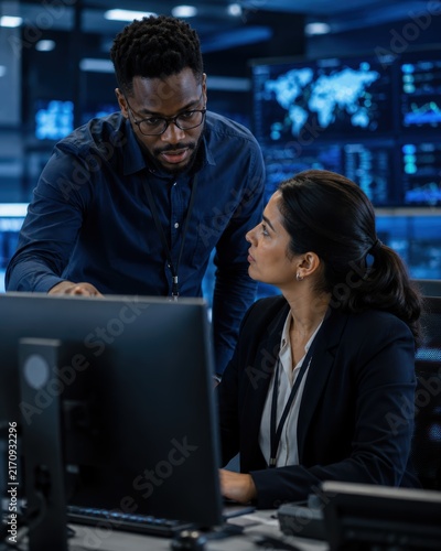 African American IT manager pointing at computer screen while explaining data to female colleague in operations control room