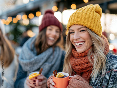 Smiling young woman holding cup of hot mulled wine with orange slice and cinnamon at festive outdoor Christmas market