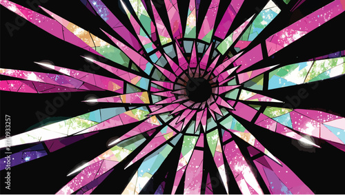 Abstract starburst pattern pink and green stained glass fragments