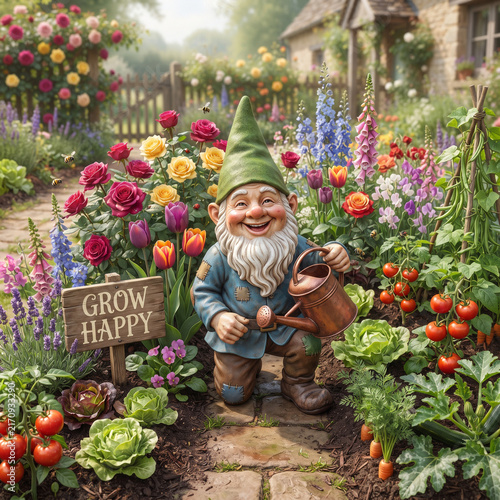 Smiling Garden Gnome Watering Flowers in Lush Cottage Garden