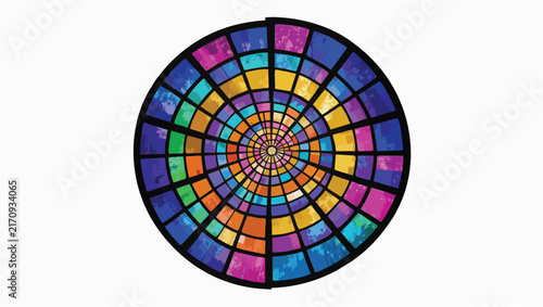 Circular stained glass window vibrant multi-colored geometric patterns and dark lead came framework