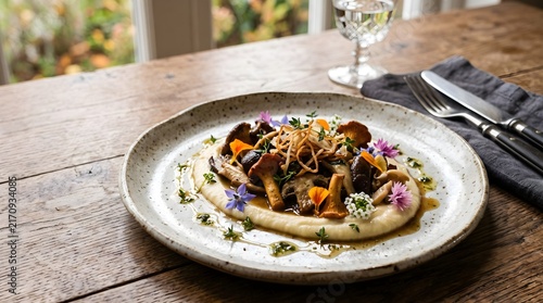 Plated gourmet dish of sautéed wild forest mushrooms on top of smooth potato or cauliflower purée with edible floral accents on a rustic wooden table.