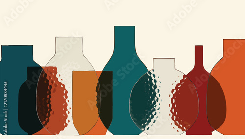 Collection of various ceramic vases and pottery vessels in earthy tones arranged on a light background