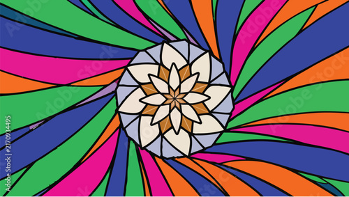 Colorful swirling radial pattern a central flower motif in vibrant tones of orange, green, and pink