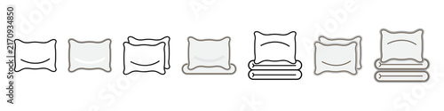 Set of bed linen and pillow icons in linear and solid styles. Minimal vector illustrations of pillows, sheets and bedding elements isolated on transparent background.